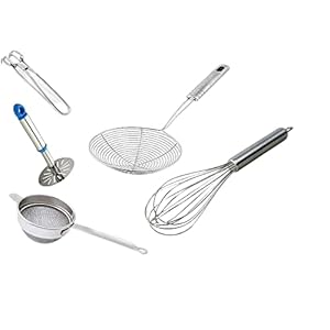 The-Best-Kitchen-Essentials-Tools-Set-of-5-Potato-MasherEgg-BeaterTea-StrainerPuri-Strainer-and-Tongpakkad-in-Stainless-Steel-Body