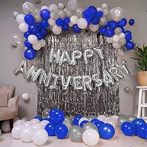 ITAF-Set-of-63-Pcs-Happy-Anniversary-Decorations-KIt-For-Husband-Wife-Mother-Father-Boyfriend-Girlfriend-Silver-Golden-Jubilee-Celebration-15-White-15-silver-15-Blue-Metallic-Foil-Balloons-16-Pcs-Silv