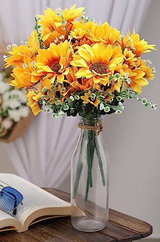 Artificial Sunflowers Stick Bunch with Realistic Look - 6 Heads Bouquet for Home Decor