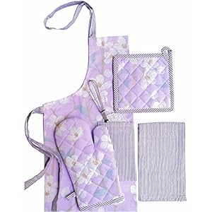 PIXEL-HOME-DECOR-Printed-Apron-With-Oven-Mitt-and-Pot-Holder-with-Kitchen-Towel-Cherry-Blossom-Collection-Lilac-Blossom