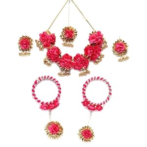 ZENEME-White-Gold-Pearl-Tasselled-Gota-Patti-Floral-Beaded-Haldi-Mehendi-Necklace-With-Earrings-Maang-Tikka-Bracelet-Jewellery-Set-For-Girls-and-Women