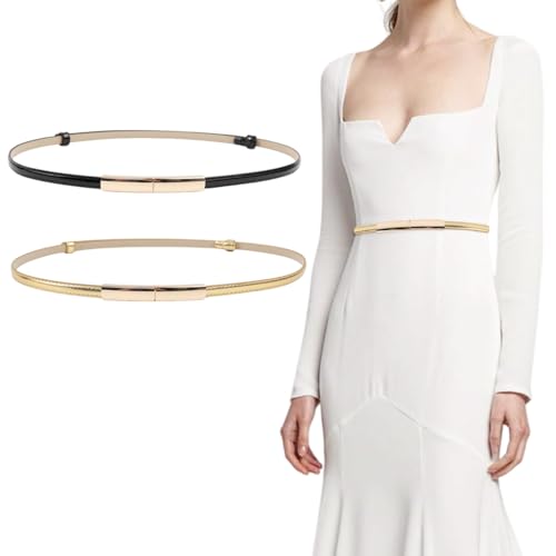 Elegant Women's Gold and Black Slim PU Leather Waist Belt