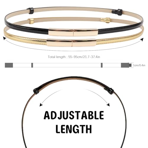 Elegant Women's Gold and Black Slim PU Leather Waist Belt