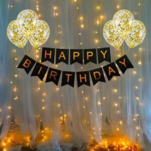 Golden Confetti Balloons with LED Lights and Happy Birthday Banner - Set of 10