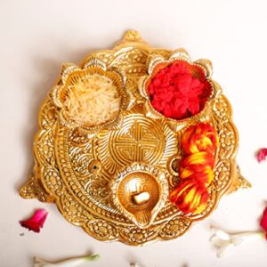 Golden Metal Pooja Thali Set with Diya by KridayKraft