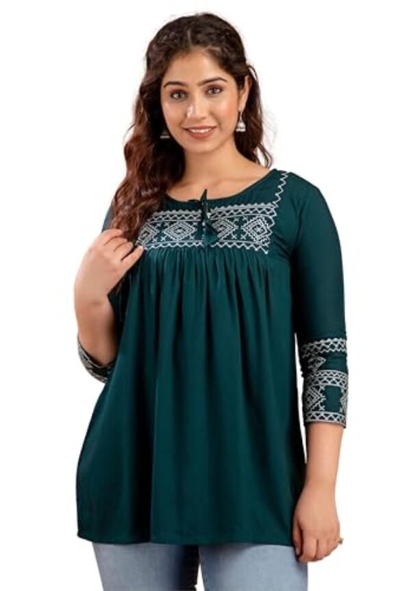 Green XL Women's Embroidered Rayon Tunic Top by Avayayat