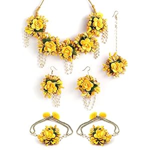 ZENEME-Jewellery-Flowers-Jewellery-Set-For-Haldi-Gota-Patti-Necklace-Earrings-Bracelet-Maang-Tika-for-Women-Girls-MehandiHaldiWeddingBridalBaby-Shower