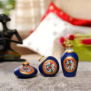 Handpainted Warli Blue Terracotta Pots Set - ExclusiveLane
