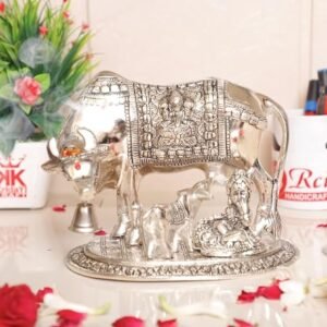 Metal Statue of Kamdhenu Cow and Calf with Bal Gopal Krishna