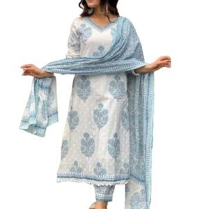 Nermosa Women's Cotton Printed Kurta Pant Set with Dupatta