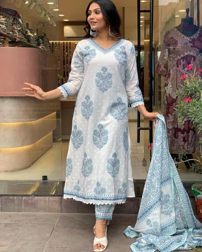 Nermosa Women's Cotton Printed Kurta Pant Set with Dupatta