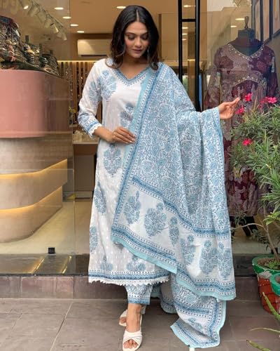 Nermosa Women's Cotton Printed Kurta Pant Set with Dupatta