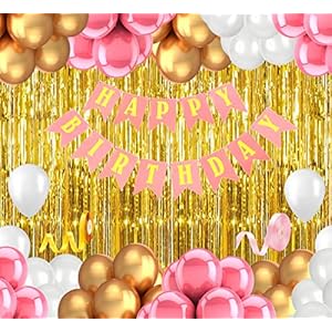 Flyloons-Pink-Happy-Birthday-decorations-for-girls-set-of-52pcs-Gold-Pink-White-BalloonsGolden-Foil-CurtainPink-Birthday-Banner-set-for-Birthday-Decorations-Party-Birthday-Celebration-Kit