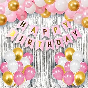 Party-Propz-Happy-Birthday-Decorations-For-Girls-34-Pcs-Pink-Happy-Birthday-Decoration-For-GirlsPink-And-Golden-Balloons-For-Birthday-DecorationHappy-Birthday-BuntingFoil-Curtain-For-Girls-Women