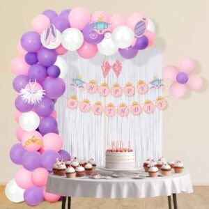 Pink Princess Birthday Decoration Kit - 60pcs Balloons, Happy Birthday Banner