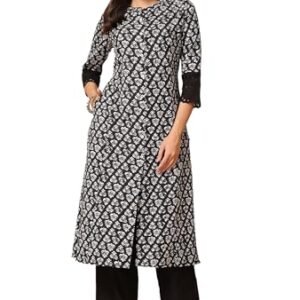 Pistaa Cotton A-Line Printed Kurta for Women with Cutwork