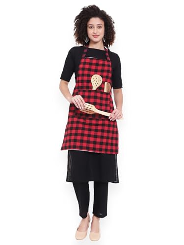 Red Checkered Waterproof Kitchen Apron with Pockets - GLUN