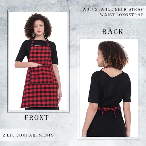 Red Checkered Waterproof Kitchen Apron with Pockets - GLUN