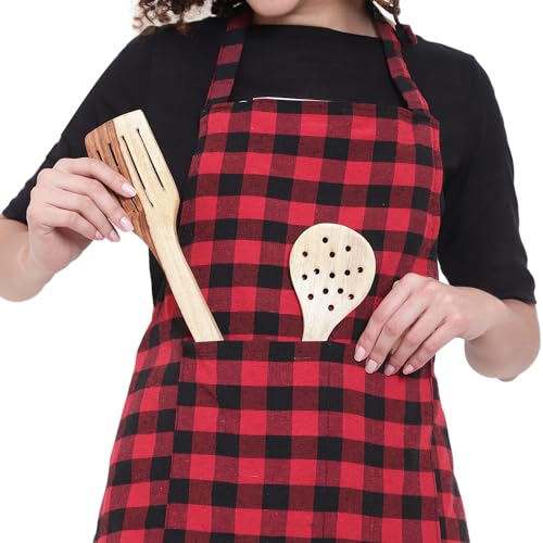 Red Checkered Waterproof Kitchen Apron with Pockets - GLUN