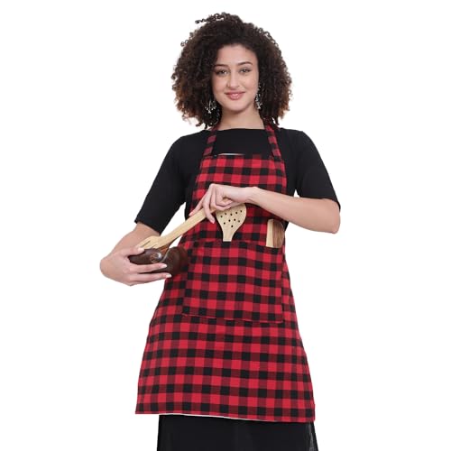 Red Checkered Waterproof Kitchen Apron with Pockets - GLUN