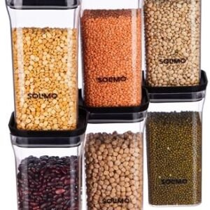 Set of 6 Black Airtight Kitchen Jars, 1100ml Each by Solimo