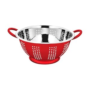 Prabha-Stainless-Steel-Colander-Strainer-Sieves-3000-ml-24cm-with-Pudding-and-Handle-Essential-Kitchen-Colander-for-Washing-Fruits-Vegetables-Rice-More-Red-Color