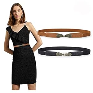 PALAY-2Pcs-Waist-Belt-for-Women-Belts-for-Dress-Fashion-Elastic-Slim-Dress-Belts-for-Women-Ladies-Stretch-PU-Leather-Belt-with-Metal-Buckle-Closure-for-Shirt-Blouse-Blazer-Black-Brown
