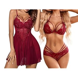 MADSY-Womens-Sexy-2-Piece-Lace-Lingerie-Set-with-Babydoll-Nightwear-and-Strappy-Panty