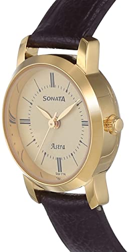 Women's Quartz Watch with Champagne Dial and Leather Strap