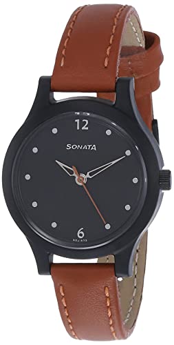 Women's Sonata Black Dial Leather Strap Watch - NS87030