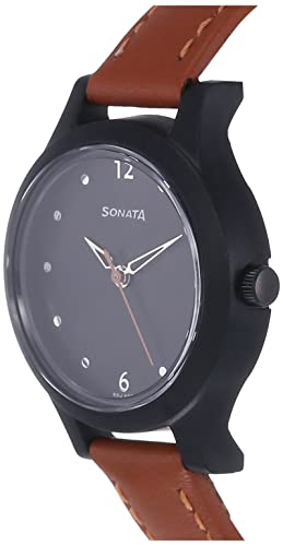Women's Sonata Black Dial Leather Strap Watch - NS87030