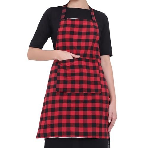 Red Checkered Waterproof Kitchen Apron with Pockets - GLUN
