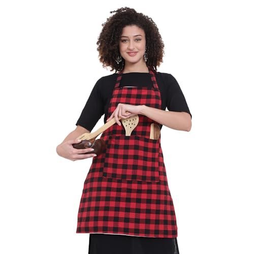 Red Checkered Waterproof Kitchen Apron with Pockets - GLUN - Image 6